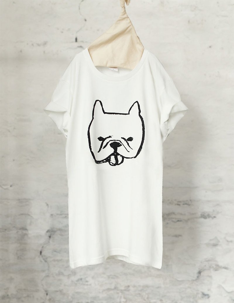 フレンチブルドッグ Tシャツ　French Bulldog T-shirt (White/Gray)【DOG】 - 男装上衣/T 恤 - 棉．麻 白色