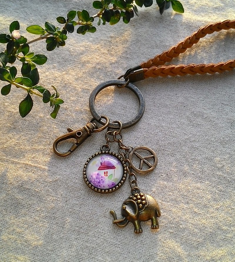 插画古铜钥匙圈-绣球花园小屋 - 钥匙链/钥匙包 - 其他金属 粉红色