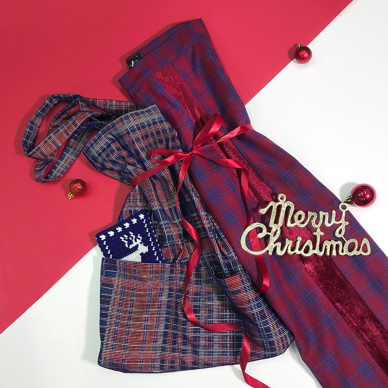 圣诞福袋B - 格纹长裤 + 双面布袋 + 编织杯垫 - 女装长裤 - 聚酯纤维 红色