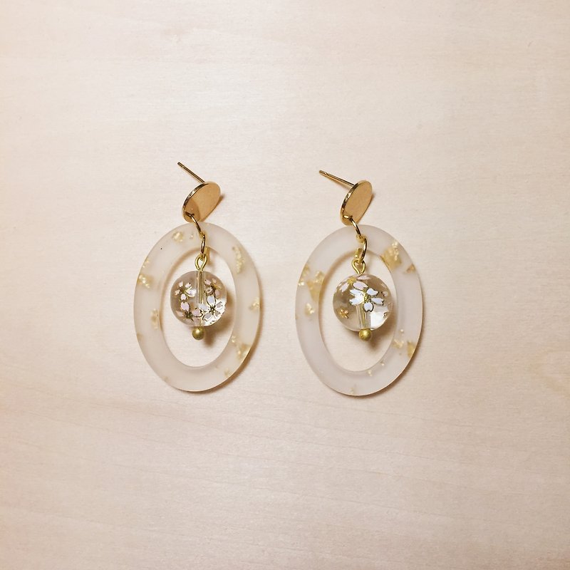 复古透明樱花珠磨砂金箔椭圆圈圈耳环 - 耳环/耳夹 - 树脂 透明