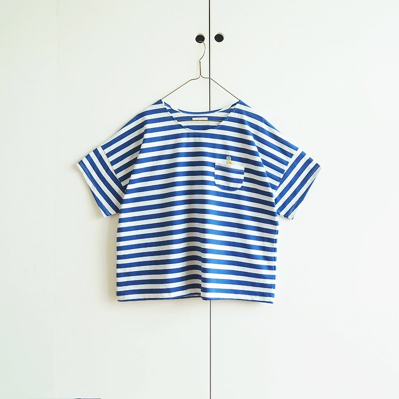 pajamas cat striped t-shirt : blue × white - 女装 T 恤 - 聚酯纤维 蓝色