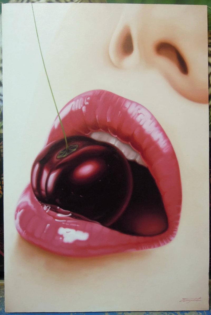 Lady lips and cherry painting oil painting on canvas 80X120 cm. - 墙贴/壁贴 - 棉．麻 