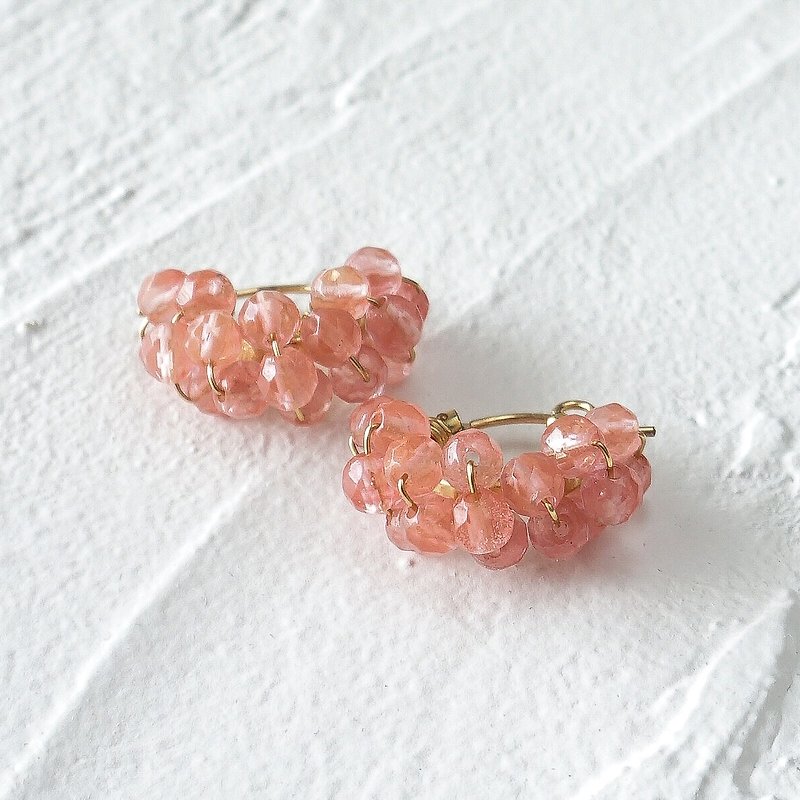 14kgf Cherry Quartz wrapped hoop pierced earrings / earrings - 耳环/耳夹 - 宝石 粉红色