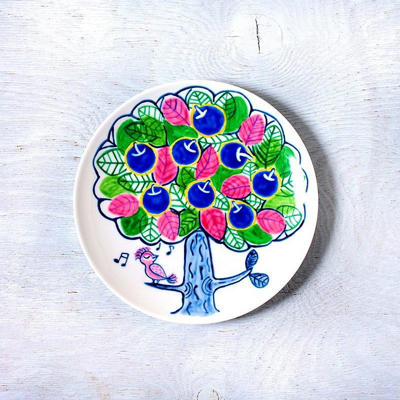 青いリンゴの木と歌う鳥のプレート - 盘子/餐盘/盘架 - 瓷 蓝色