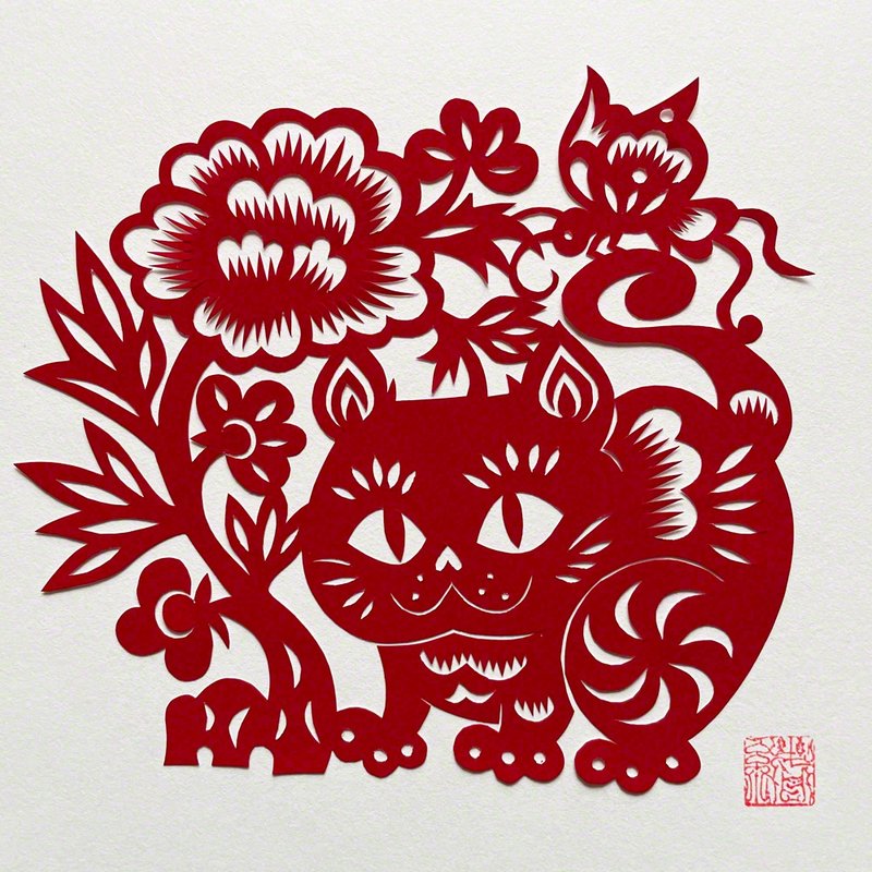 受注製作   切り紙・猫と牡丹、蝶  耄耋富貴 - 海报/装饰画/版画 - 纸 红色