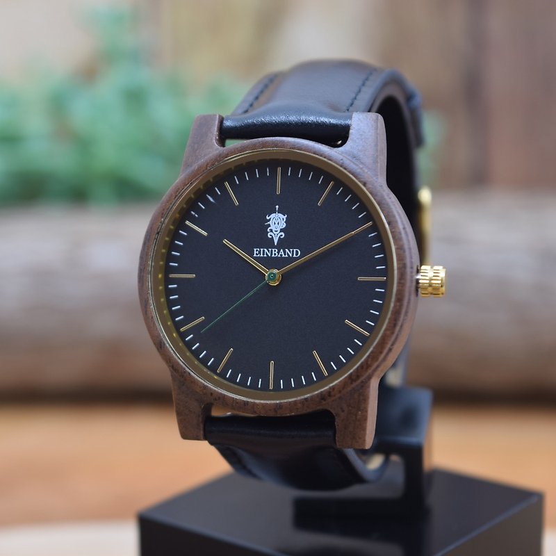 EINBAND Glanz BLACK 36mm Wooden Watch Black Leather Belt - 男表/中性表 - 木头 咖啡色