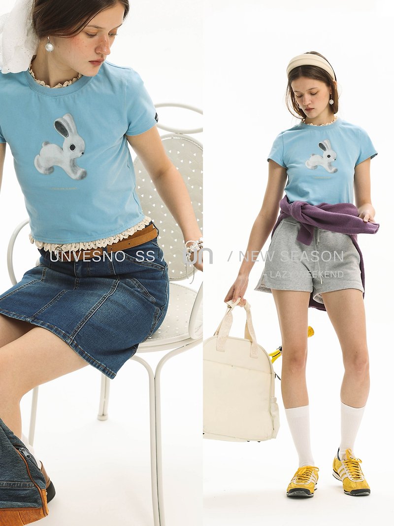 Unvesno(UN)250G兔子花边修身女款甜系印花T恤短袖 - 女装 T 恤 - 棉．麻 