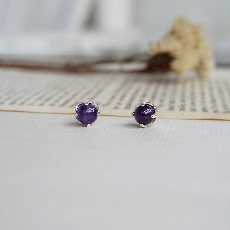 ll 6mm紫水晶纯银耳环 ll 925纯银贴耳耳针 - 一对 附银耳堵 - 耳环/耳夹 - 半宝石 紫色