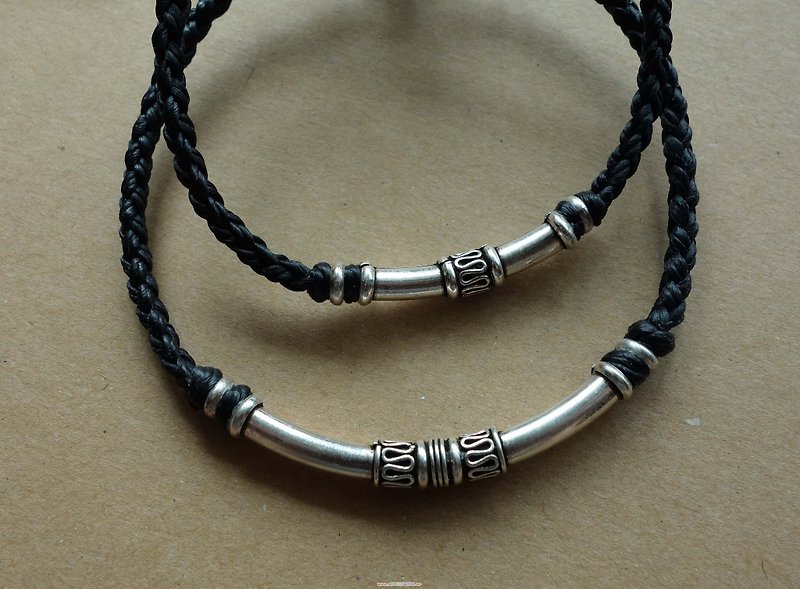 简单银管  925纯银 蚕丝蜡线 编织手链 对链 - 手链/手环 - 其他金属 黑色
