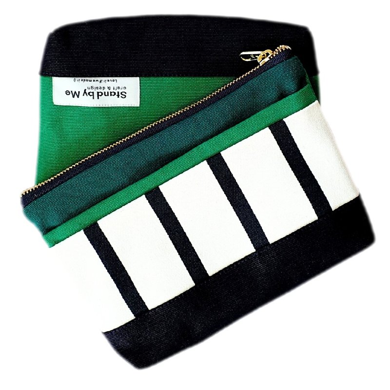 手拿包 帆布袋 可爱包 深绿色彩条设计 YKK拉链 化妆包/收纳袋 - 手拿包 - 棉．麻 