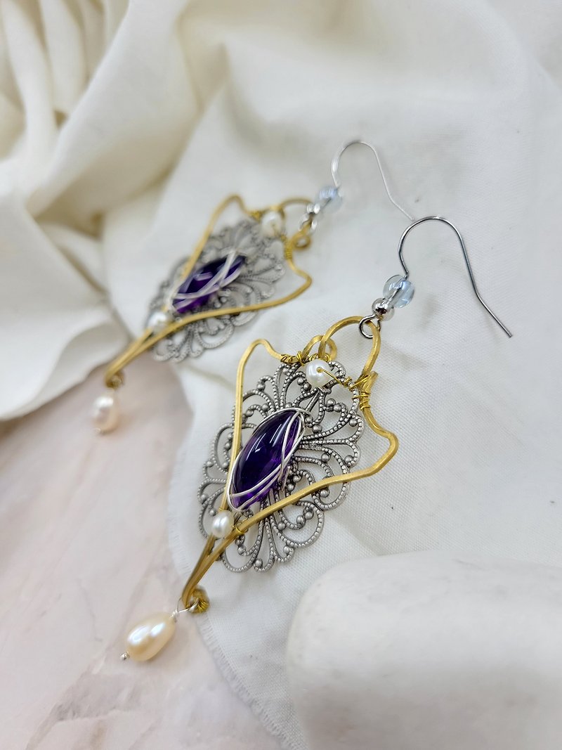 中世纪风格 紫水晶配珍珠 银耳环 - 耳环/耳夹 - 水晶 
