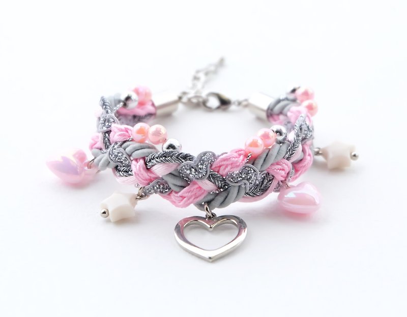 Pink gray braided bracelet with heart and pastel charms - 手链/手环 - 其他材质 粉红色