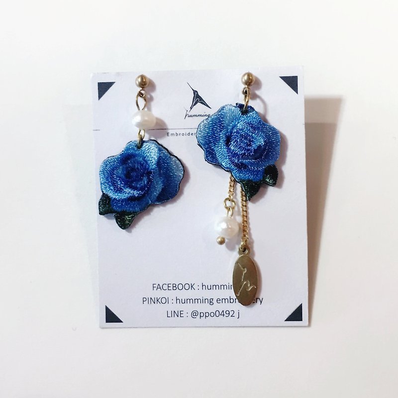蓝色玫瑰 刺绣耳环  手工  耳夹 耳环 花卉 花 珍珠 - 耳环/耳夹 - 绣线 蓝色