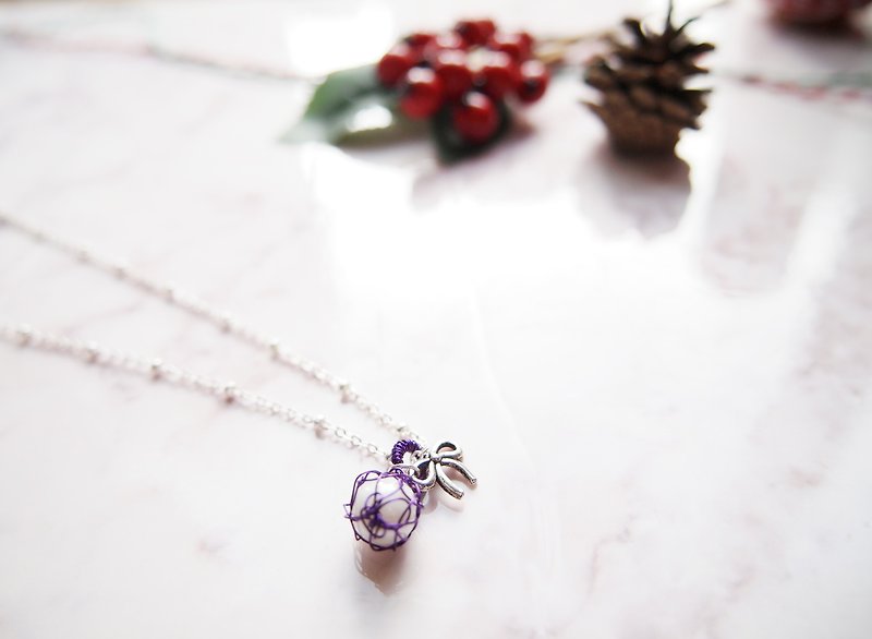 法式手工编织紫色铜线配人造珍珠及小蝴蝶吊坠子项链P046 - 项链 - 其他金属 紫色