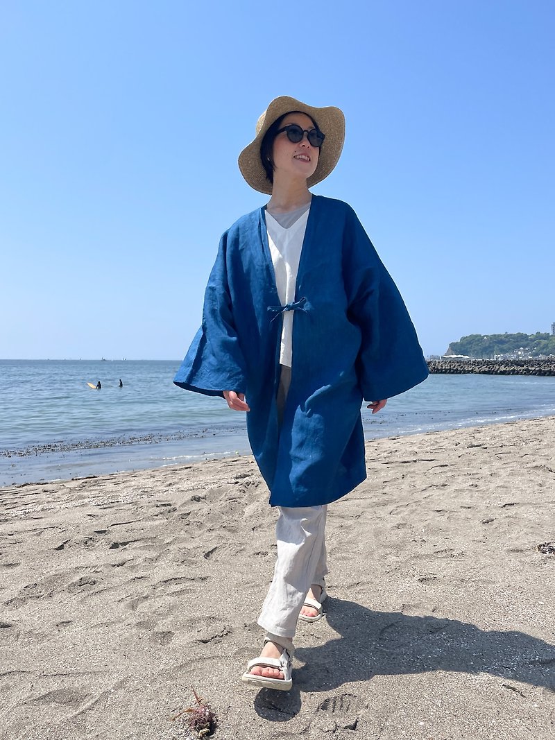 日本製 藍染した上品なイタリア製リネン羽織りレーヨンカーディガン  Linen Cardigan Kimono Haori JAPANBLUE Aizome - 中性连帽卫衣/T 恤 - 其他材质 蓝色