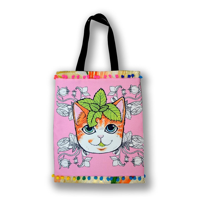 GOOKASO 粉红色 薄荷猫咪 双面购物袋 TOTE BAG - 手提包/手提袋 - 棉．麻 粉红色