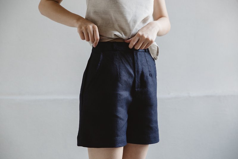 极简舒适短裤-海军蓝 - 女装长裤 - 棉．麻 蓝色