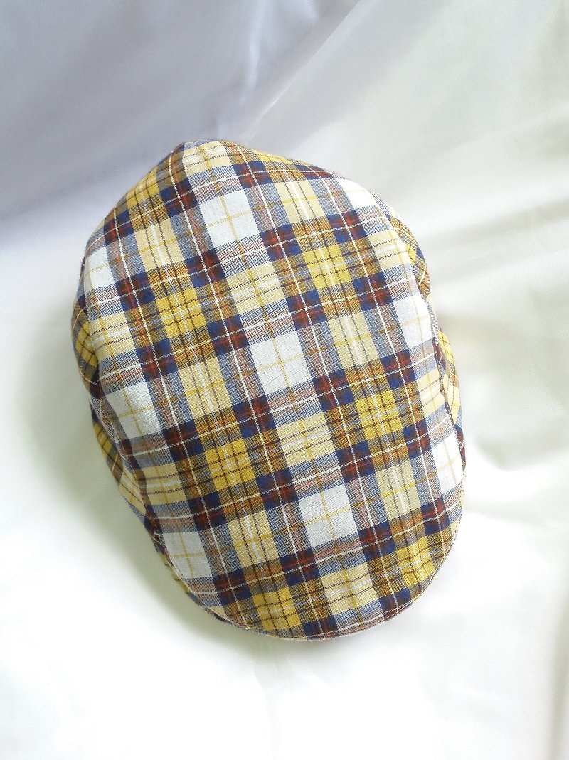 黄蓝色织格纹先染狩猎帽(Flat Cap) - 帽子 - 棉．麻 黄色