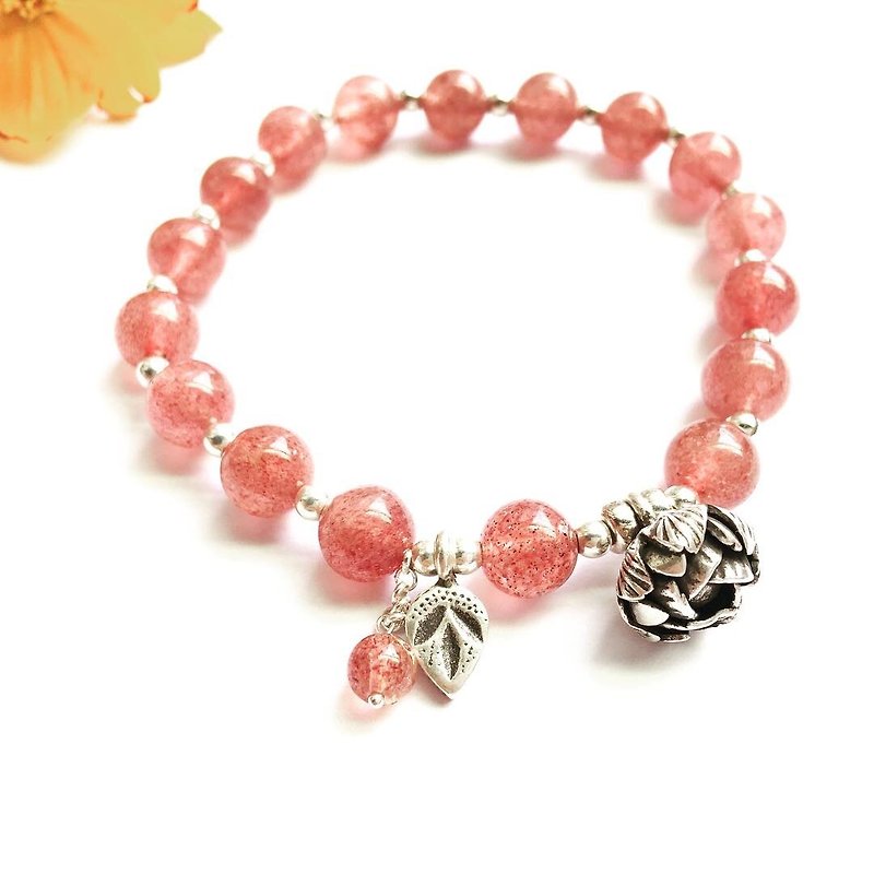 Ops Strawberry silver bracelet -草莓晶/桃花/弹性绳/纯银/甜美 - 手链/手环 - 宝石 红色