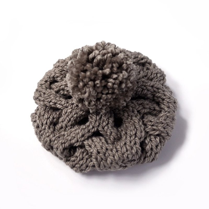 粗针麻花可拆毛球针织毛线贝蕾帽-雾棕 - 帽子 - 羊毛 咖啡色