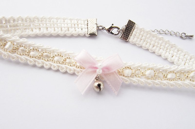 Pink bow & white lace choker - 项链 - 其他材质 粉红色