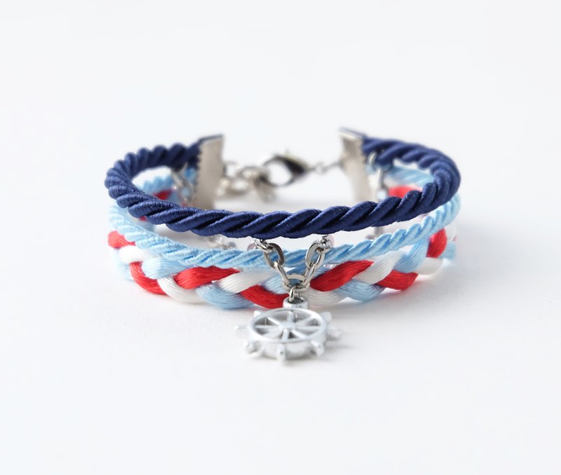 Ship wheel layered rope bracelet in navy blue / sky blue / red / white - 手链/手环 - 其他材质 蓝色