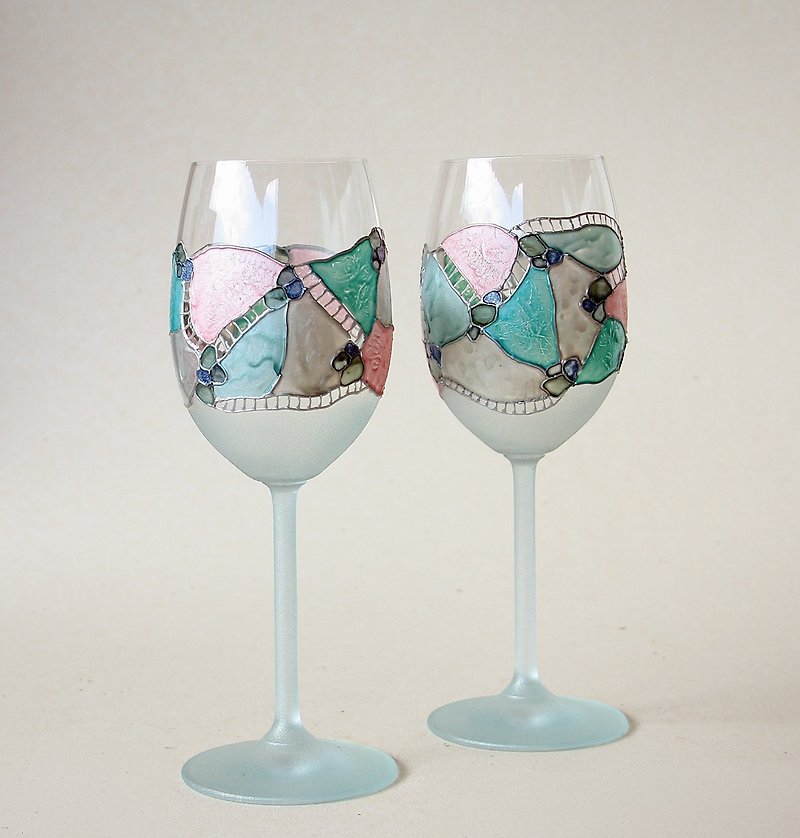 Wine Glasses Pink Mint Blue Green Gemstone Effect, Hand Painted, Set of 2 - 酒杯/酒器 - 玻璃 粉红色