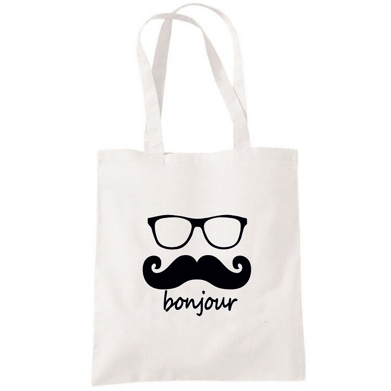 bonjour 帆布包 购物袋 米白 环保 法国 胡子 胡须 复古 眼镜 - 手提包/手提袋 - 其他材质 白色