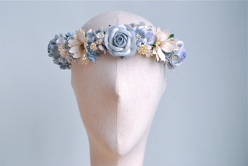 Paper Flower, Crown, Headband, Wedding, ivory, wooden blue, cream and white with golden pollen Color. ONE PIECE ONLY - 发饰 - 纸 蓝色