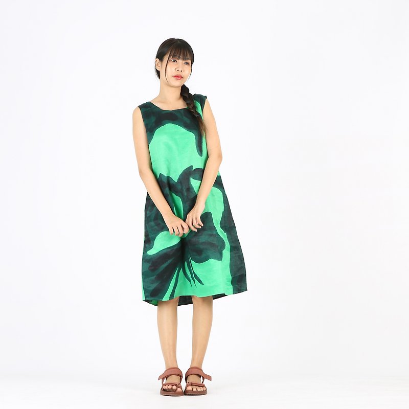 短裙亚麻手绘 - 洋装/连衣裙 - 棉．麻 绿色