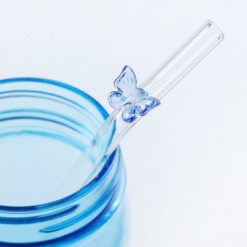 20cm (口径0.8cm) 弯曲款 蓝色蝴蝶 玻璃吸管(附赠清洁刷) 定制化 - 环保吸管 - 玻璃 蓝色