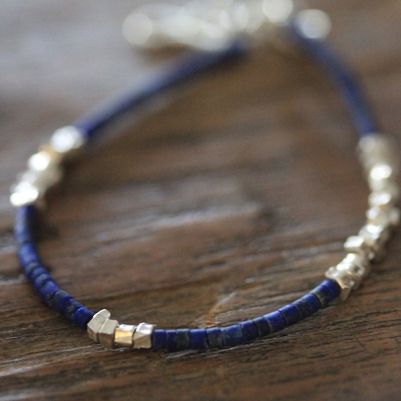 Lapis Lazuli and silver sugar cube beads bracelet (B0031) - 手链/手环 - 银 蓝色
