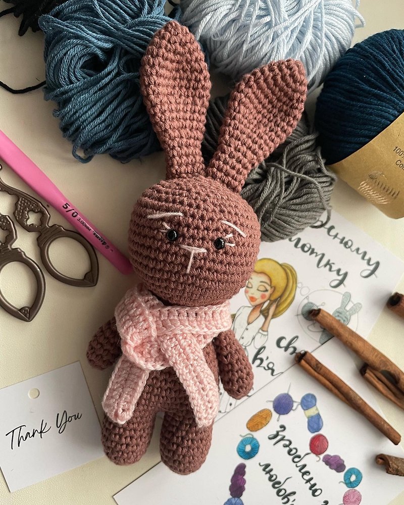 Cute rabbit toy, cute gift, mini crochet animals, crochet bunny, brown - 玩具/玩偶 - 棉．麻 咖啡色