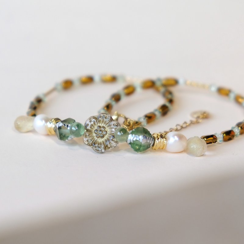 复古 坚强的梅花 淡水珍珠 绿色琥珀色琉璃珠 颈链 CHOKER C135 - 颈链 - 水晶 多色