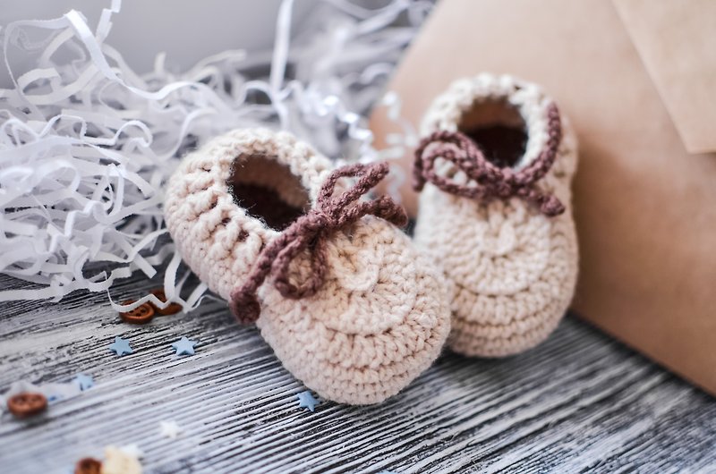 系带婴儿鞋 婴儿鞋 学步鞋 赠送带鞋带的温暖婴儿短靴米色软皮 - 婴儿鞋 - 羊毛 咖啡色