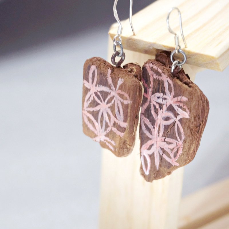 木块 自然 手绘图案 耳环 Upcycling 升级再造 环保 - 粉 - 耳环/耳夹 - 木头 咖啡色