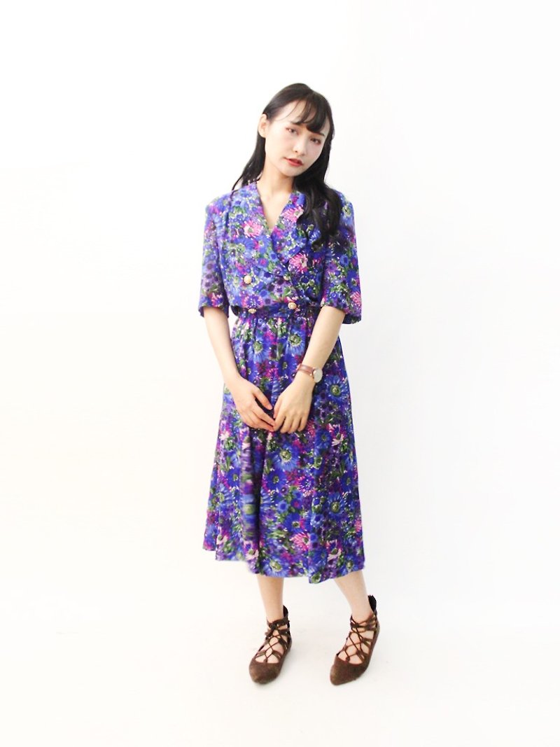 复古日本制大人感紫色花朵碎花短袖古着洋装 Vintage Dress - 洋装/连衣裙 - 聚酯纤维 紫色