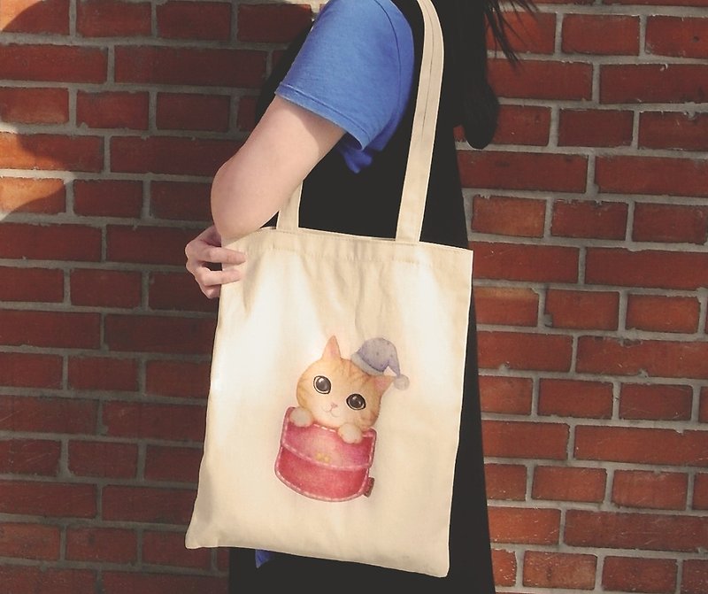 ChinChin 手绘猫咪帆布包 - 口袋捣蛋猫 - 侧背包/斜挎包 - 棉．麻 橘色