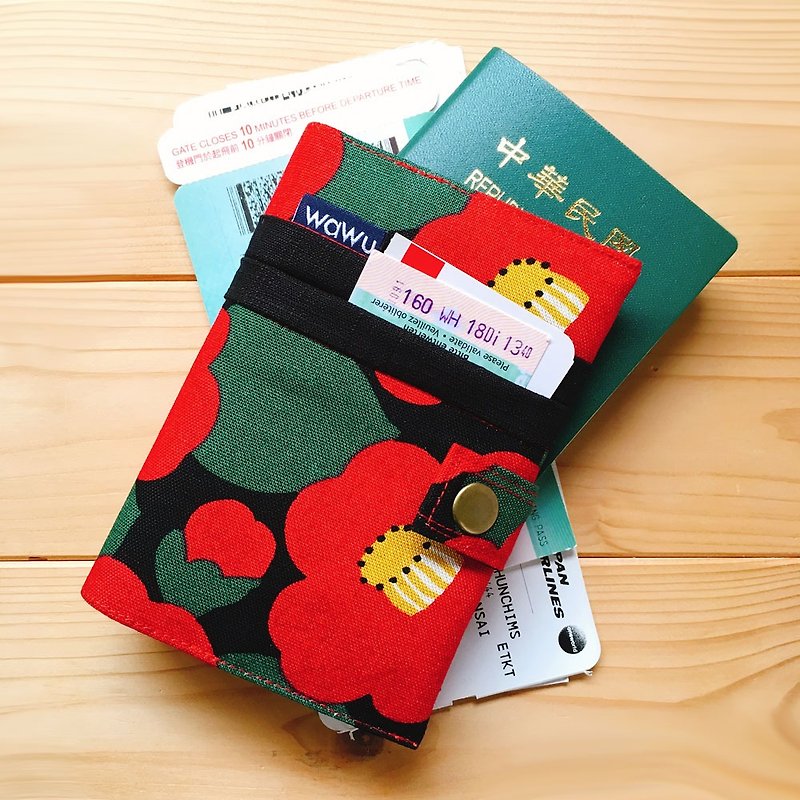 护照套+扣带 (山茶花)  日布 接单生产* - 护照夹/护照套 - 棉．麻 红色