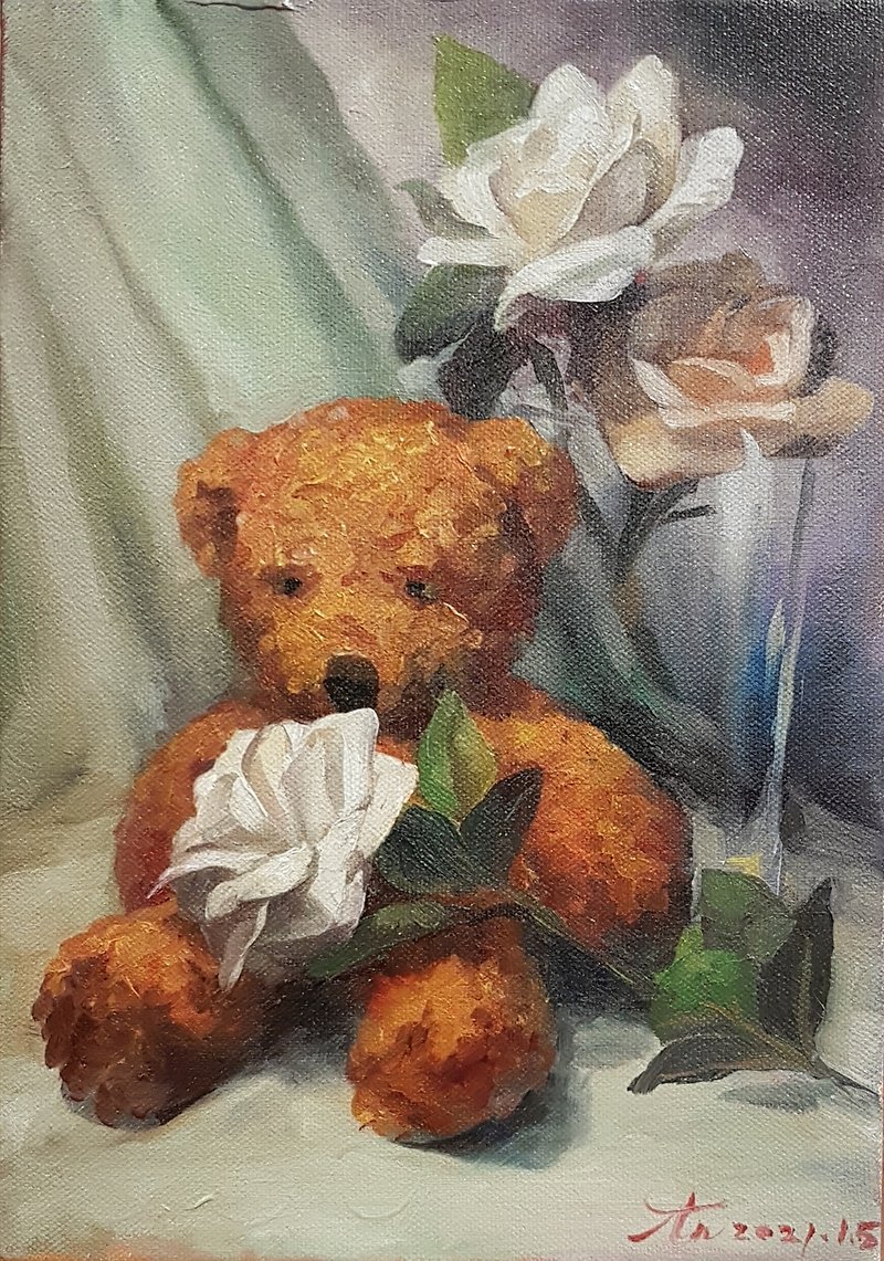 抱着玫瑰的浪漫泰迪熊•古典风格油画 - 海报/装饰画/版画 - 颜料 多色