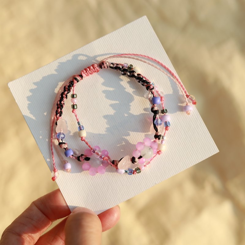 粉红花天然石编织蜡线双层手链 - 手链/手环 - 绣线 粉红色