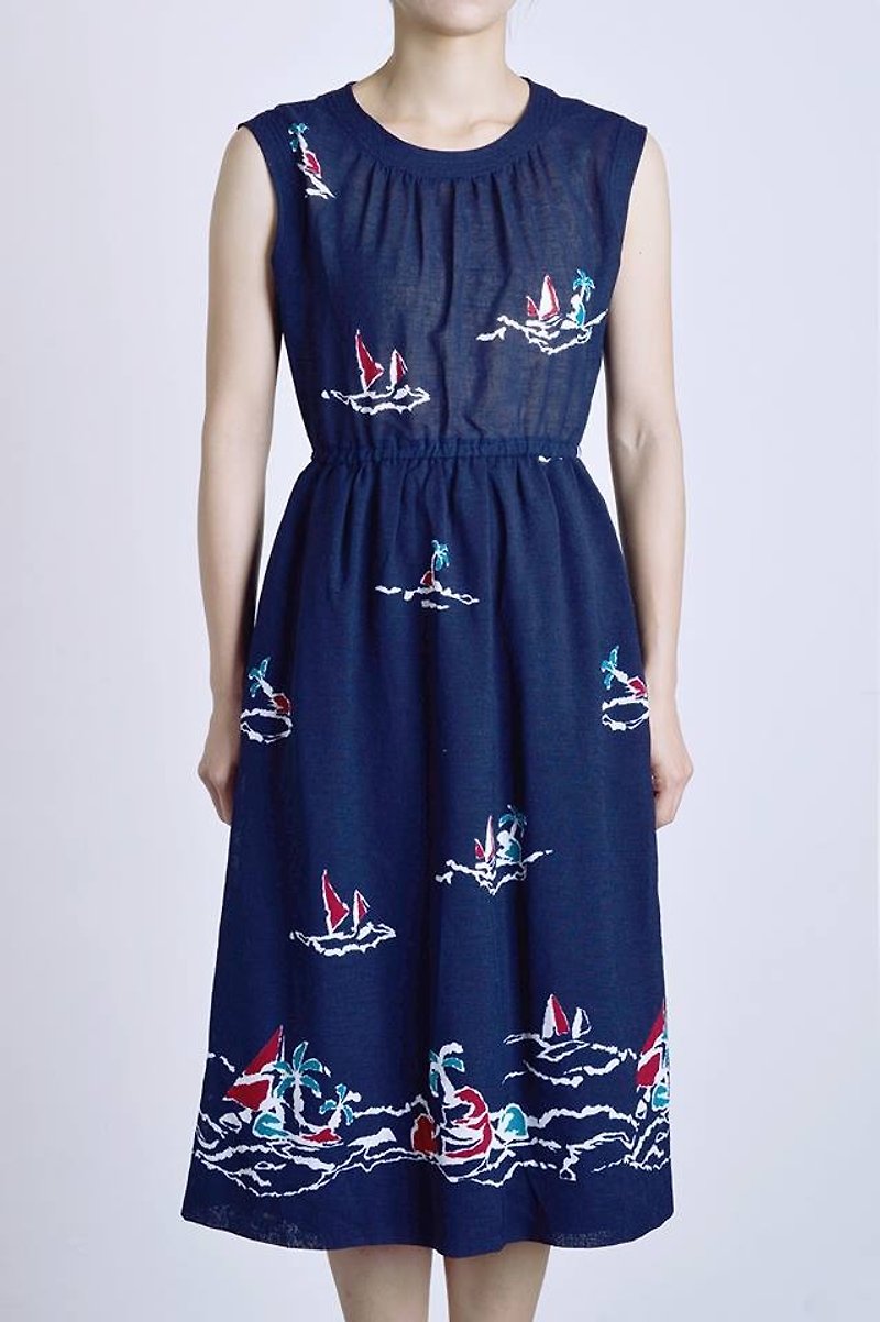 《Vintage dress》蓝底小船 VD171 - 洋装/连衣裙 - 聚酯纤维 蓝色