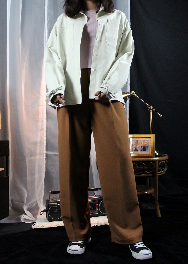 垂感厚磅打褶长裤 -焦糖色 - 中性裤装 - 聚酯纤维 咖啡色
