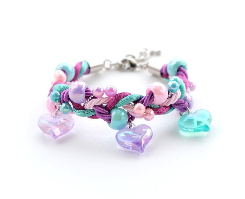 Purple/mint/pink braided bracelet with heart charms - 手链/手环 - 其他材质 紫色