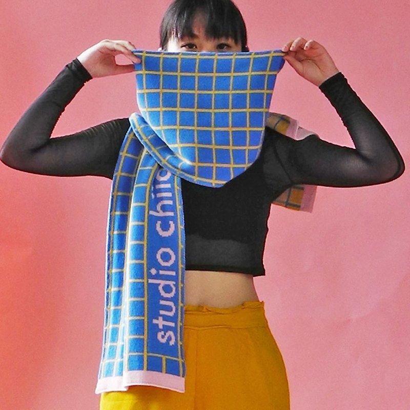 针织围巾-磁砖方格 - 丝巾 - 聚酯纤维 蓝色