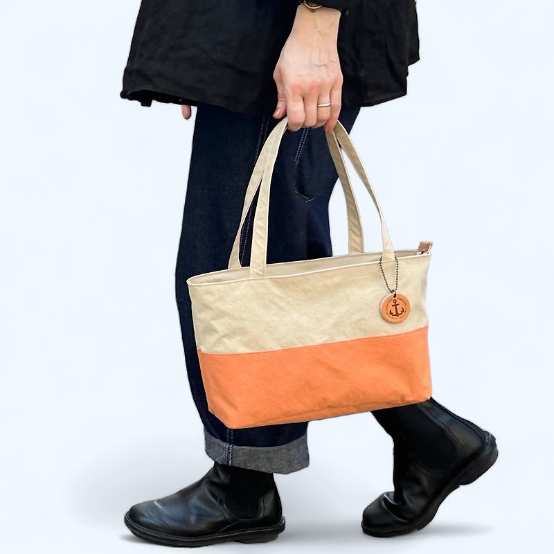 tsumiki mini　オフベージュ×オレンジ　KONBU　撥水加工ナイロン素材トートバッグ　受注製作 - 手提包/手提袋 - 尼龙 橘色