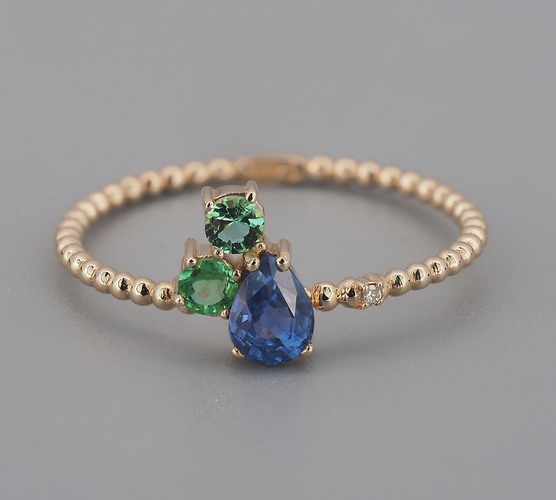 Natural sapphire, emeralds and diamond ring - 戒指 - 贵金属 金色