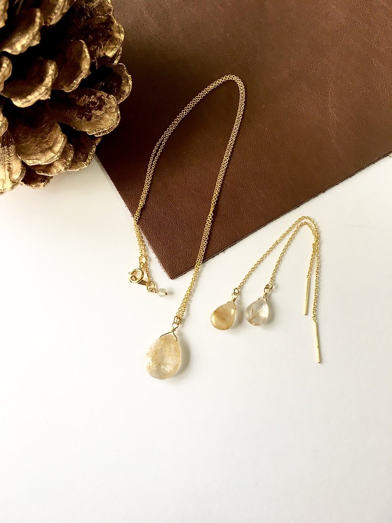 Rutilelated quartz Set-up Chain-earring, Necklace All14kgf Gift - 项链 - 石头 金色