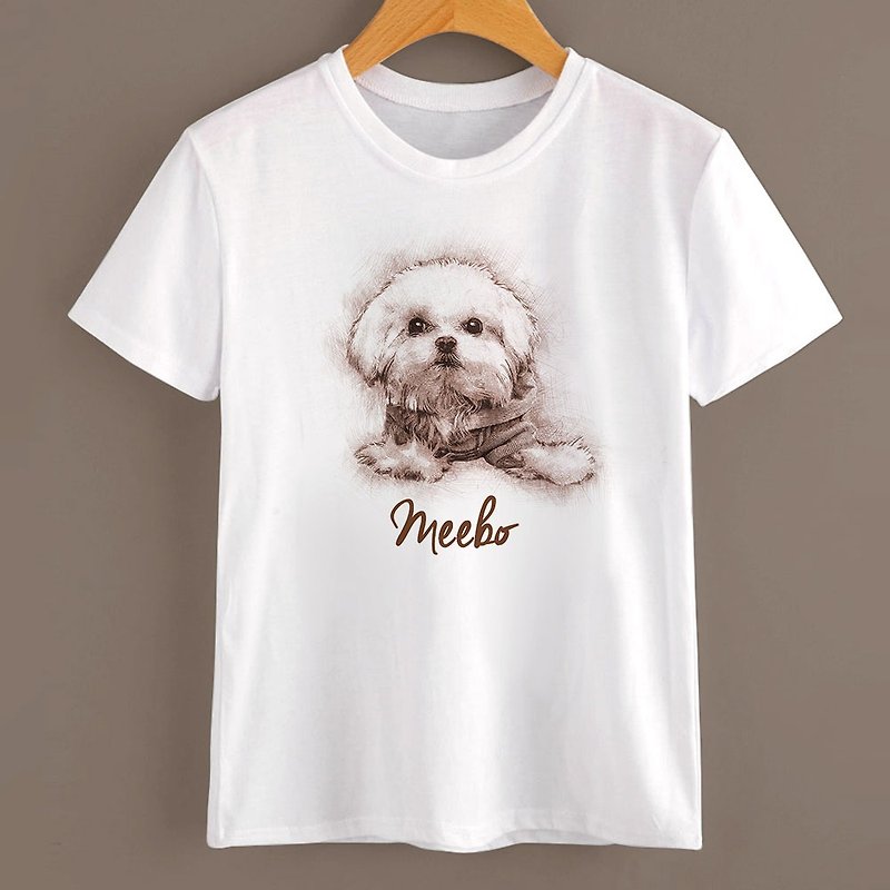  定制化 人物宠物画 / 短袖T恤 (素描风)  - 订制画像 - 棉．麻 白色