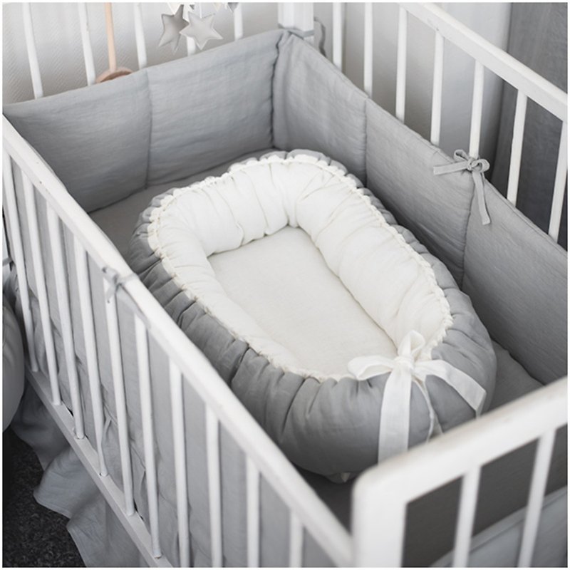 LINEN White Grey baby nest - neutral gender newborn sleeping bed - 婴儿床上用品 - 亚麻 白色